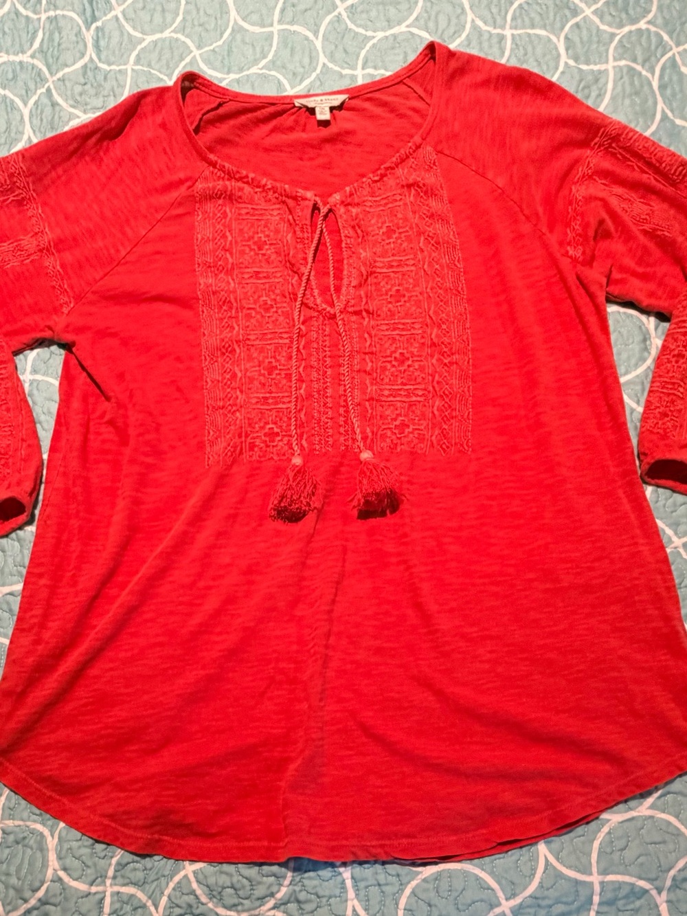 Lucky Brand Bright Red Embroidered Tassel Tunic